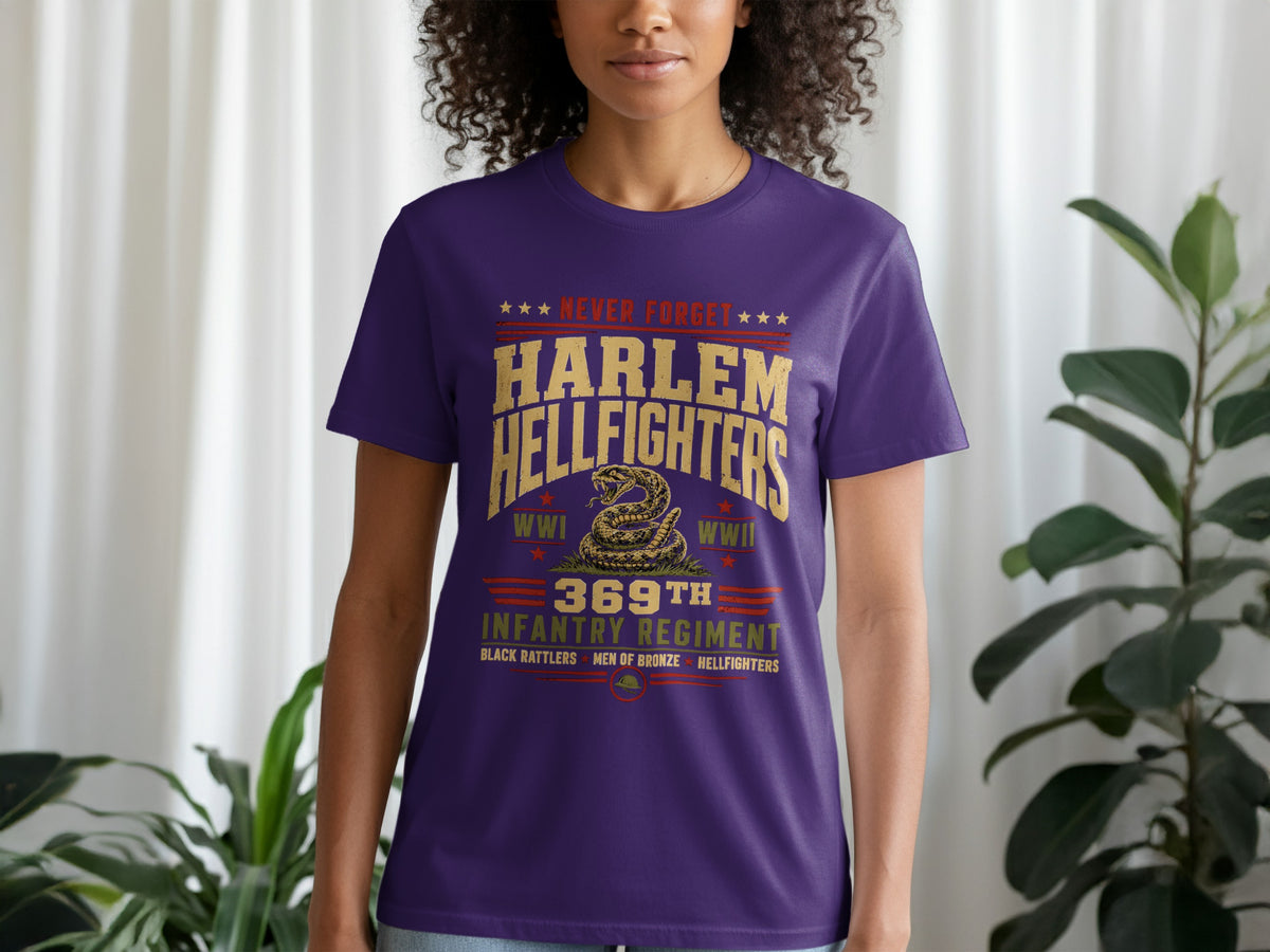 Purple t-shirt with Harlem Hellfighters 369th Infantry Regiment graphic and snake design.