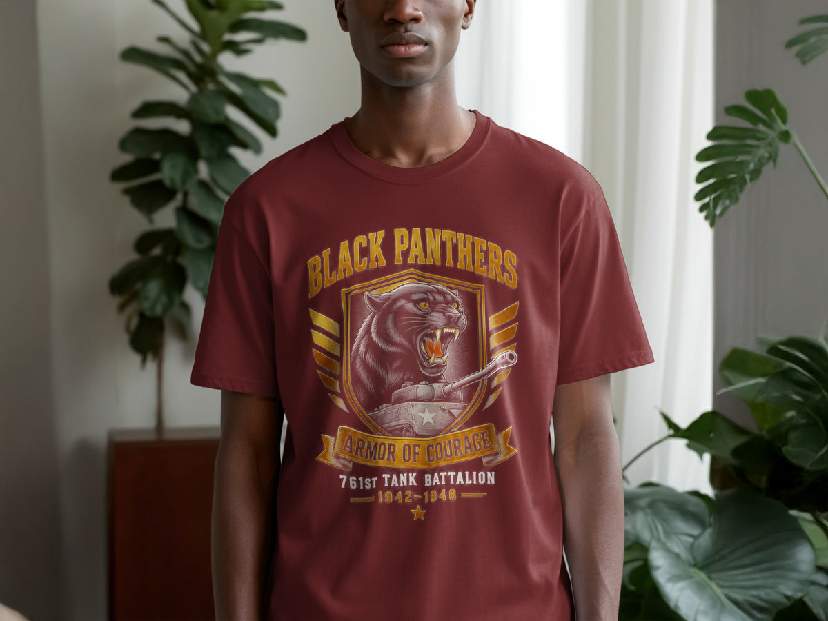 Maroon t-shirt featuring a black panther, tank, and text: "Black Panthers Armor of Courage 761st Tank Battalion 1942-1946".