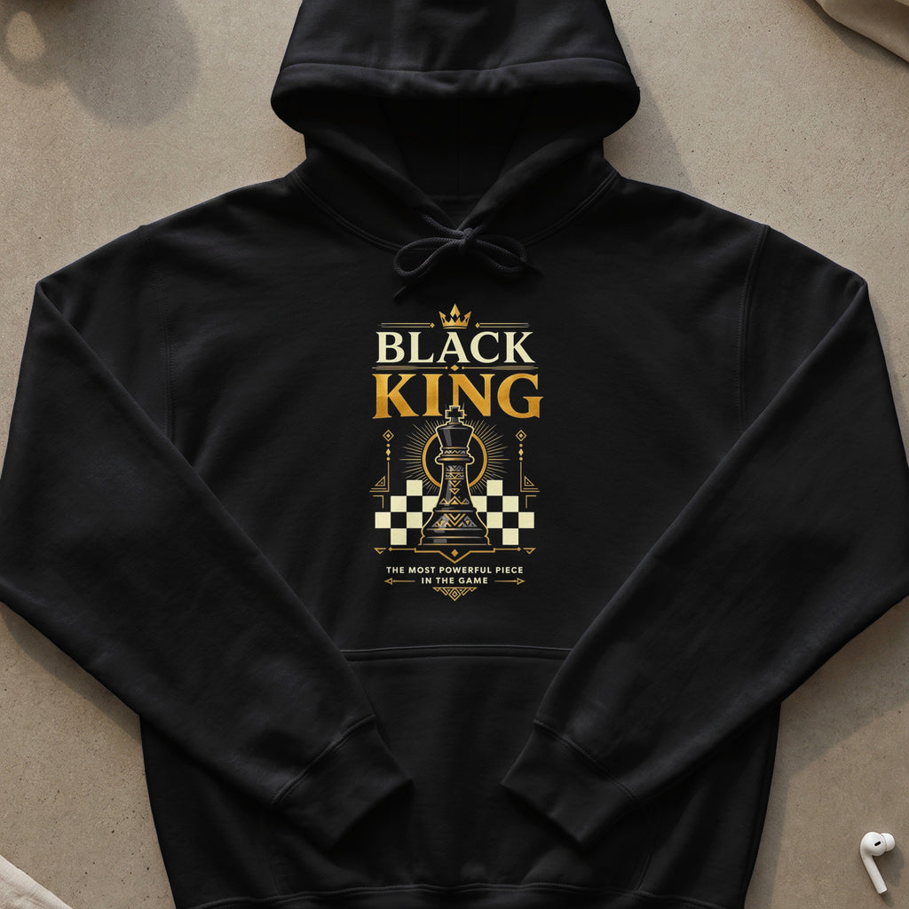 Black hoodie with gold "BLACK KING" text and chess piece graphic.