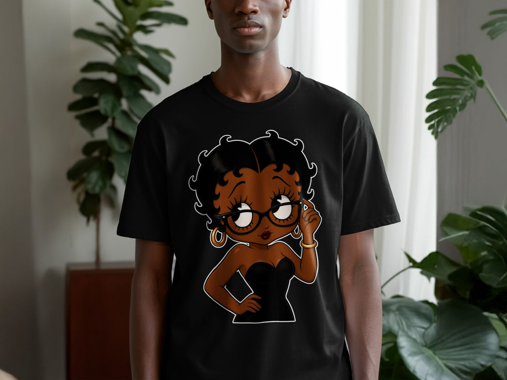 Black t-shirt with cartoon character graphic of a woman with glasses and hoop earrings.