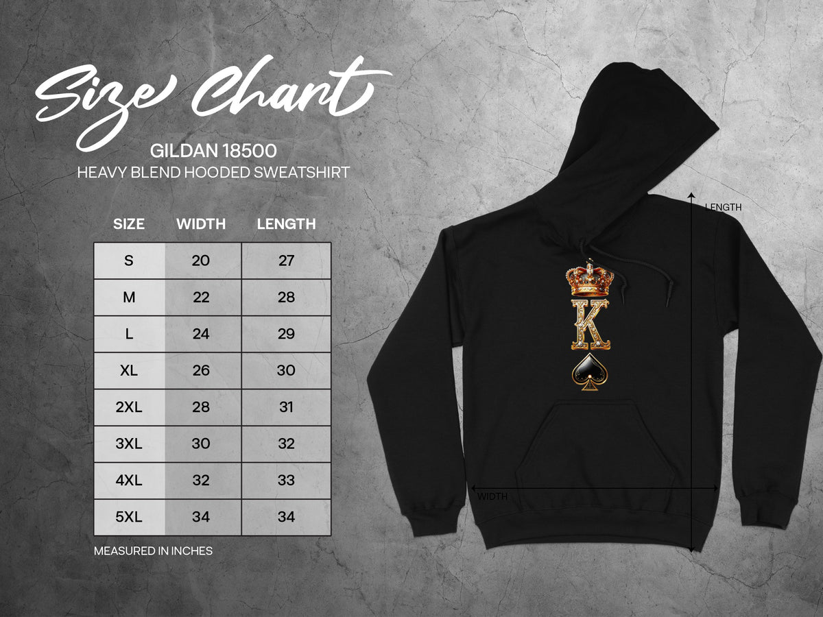 Gildan 18500 Heavy Blend Hooded Sweatshirt size chart with dimensions in inches.