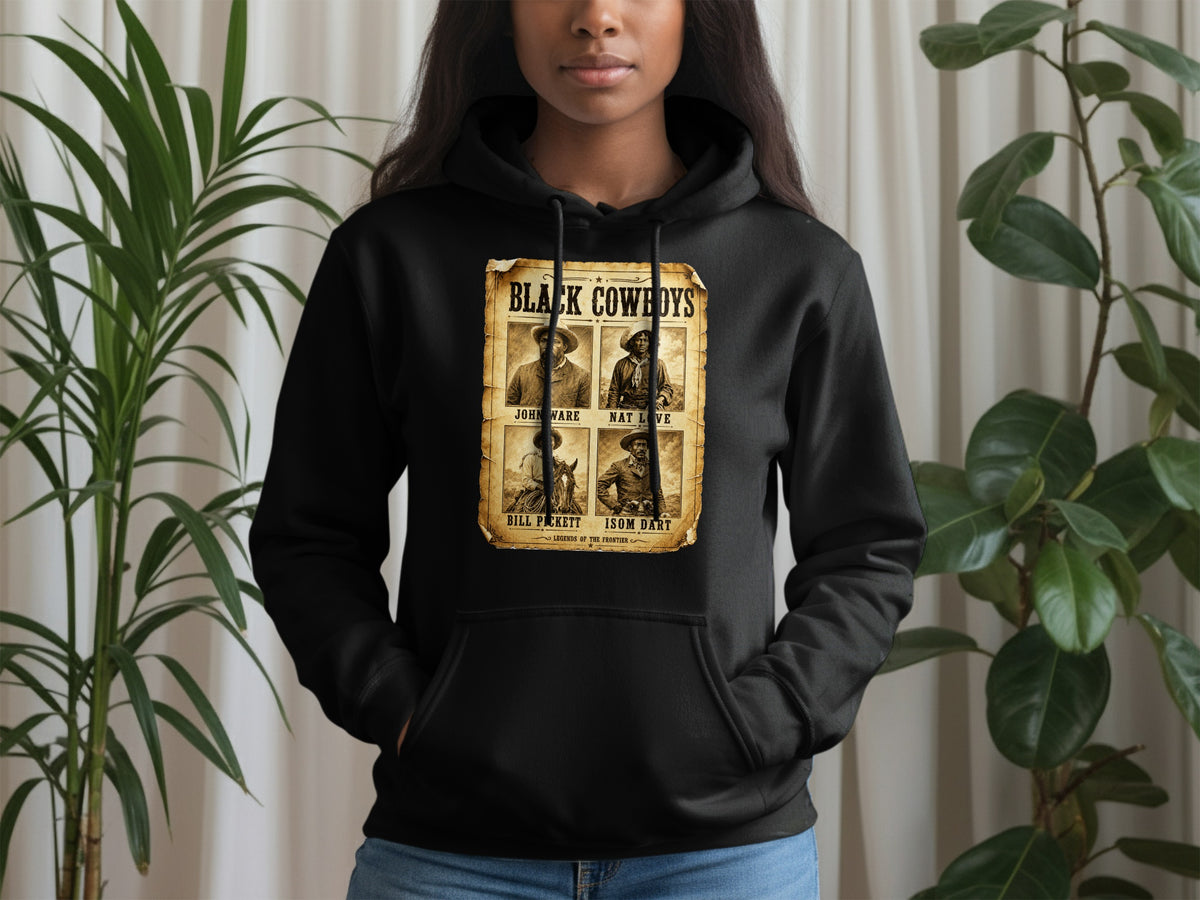 Black Cowboys poster featuring John Ware, Nat Love, Bill Pickett, and Isom Dart.