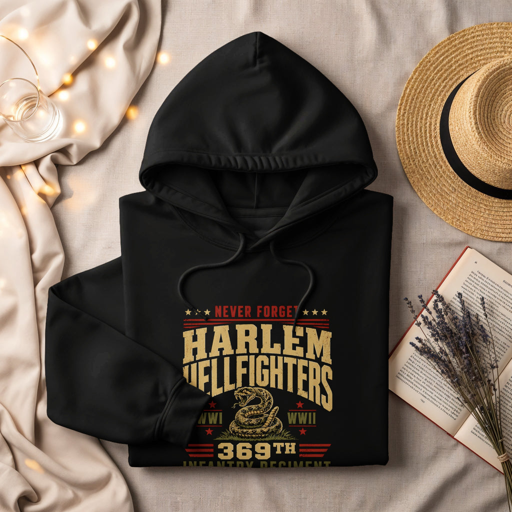 Black hoodie with "Harlem Hellfighters 369th Infantry Regiment" graphic.