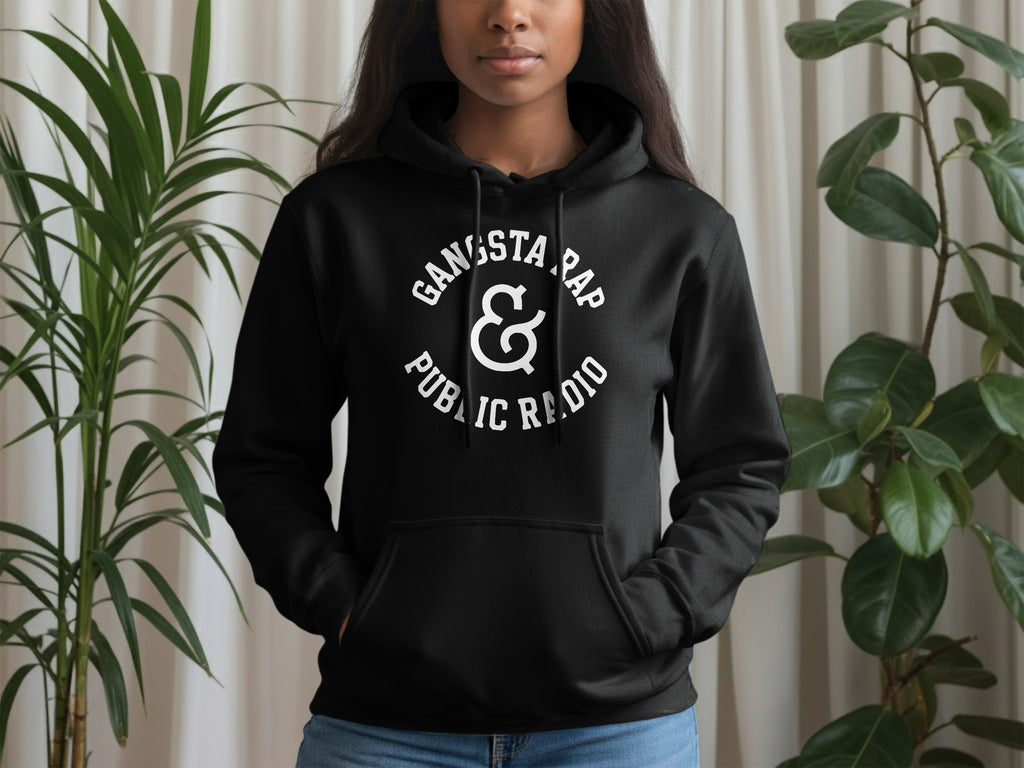 Black hoodie with white text "Gangsta Rap & Public Radio" design.