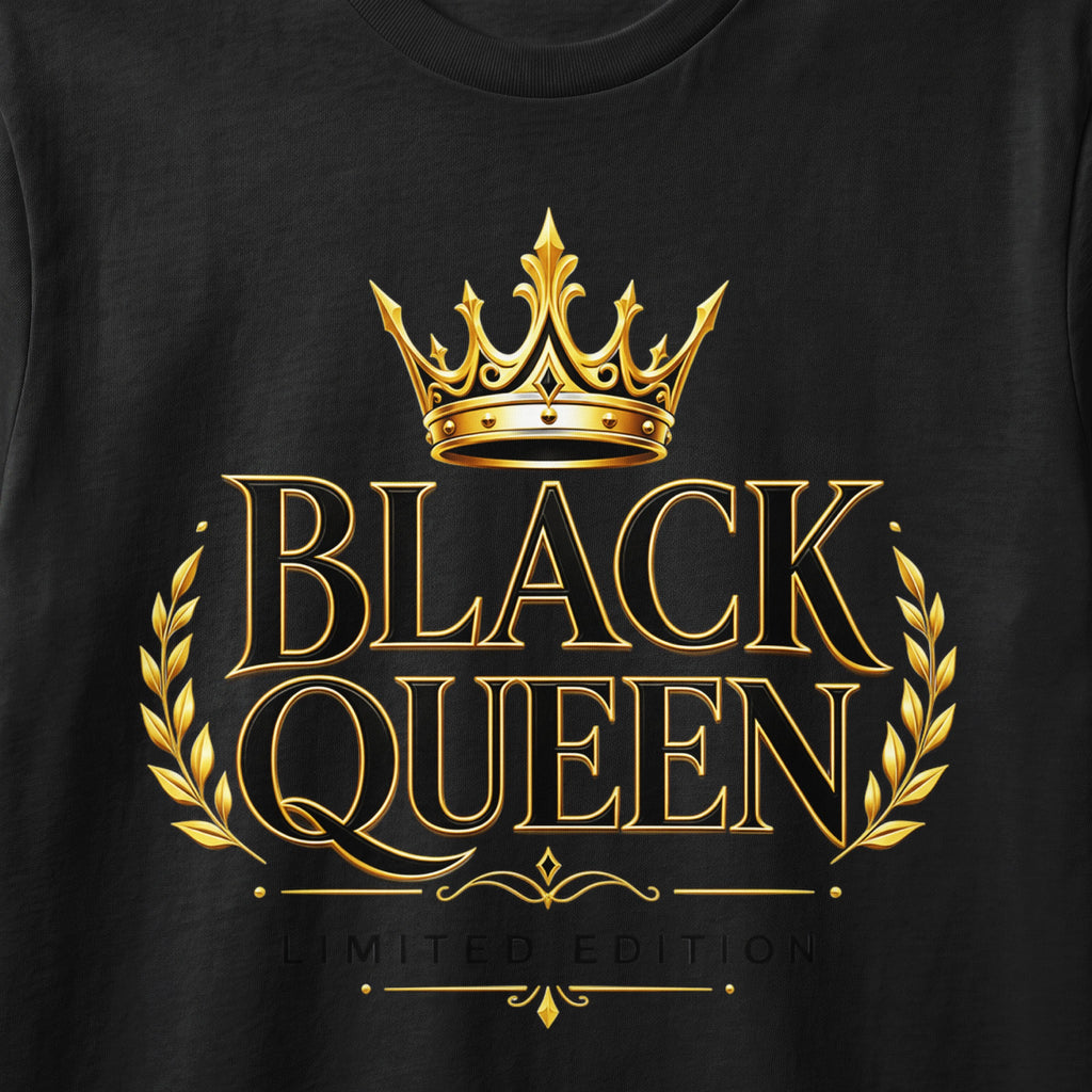 Black Queen text with a gold crown and laurel wreath, limited edition.