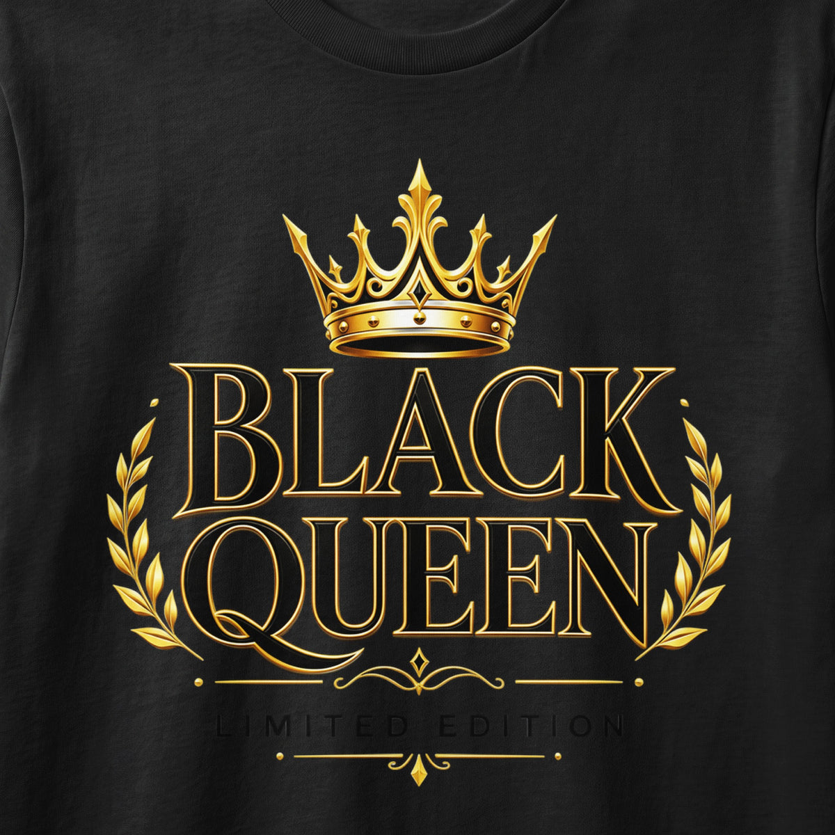 Black Queen text with a gold crown and laurel wreath, limited edition.