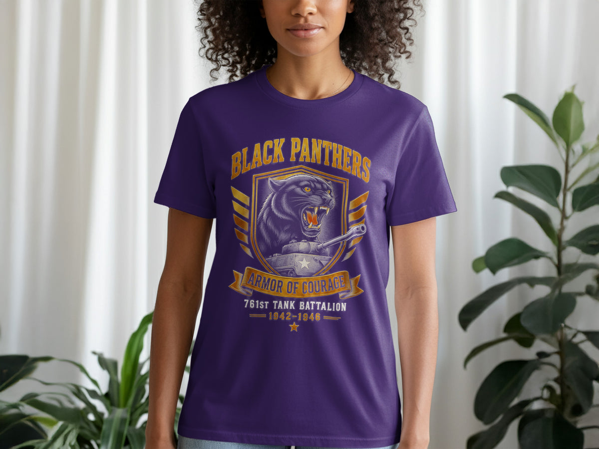 Purple t-shirt with "Black Panthers Armor of Courage 761st Tank Battalion 1942-1946" text and graphic.