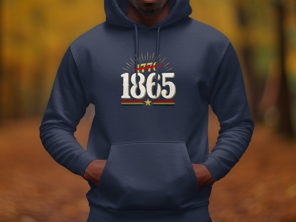 Navy hoodie with 1865 graphic, featuring a red-lined 1776 and a star.