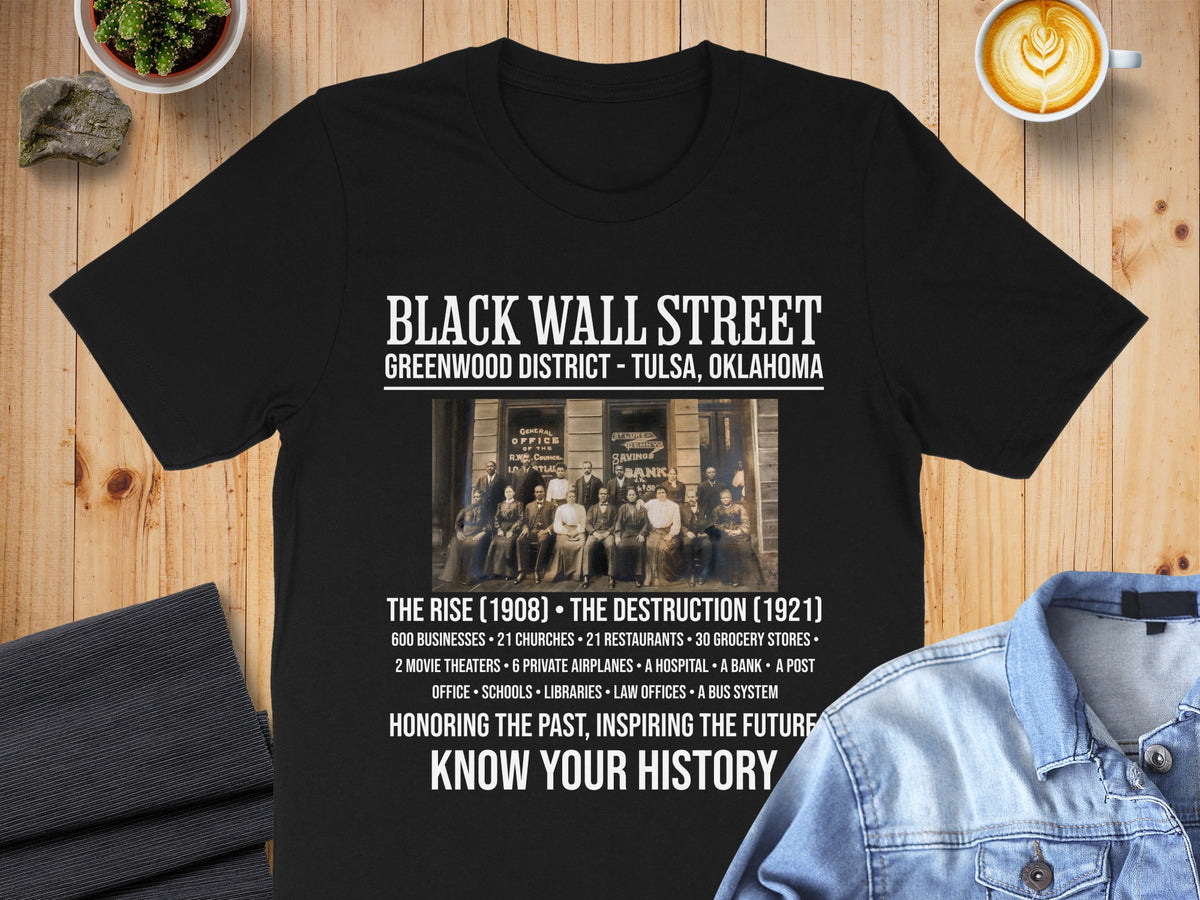 Black Wall Street Greenwood District Tulsa Oklahoma t-shirt with historical photo and text.