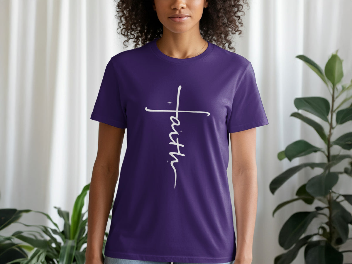 Purple t-shirt with white "faith" text integrated into a cross design.