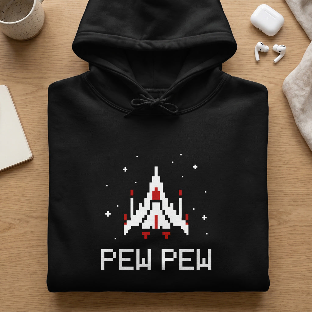 Black hoodie with pixelated spaceship and "PEW PEW" text.