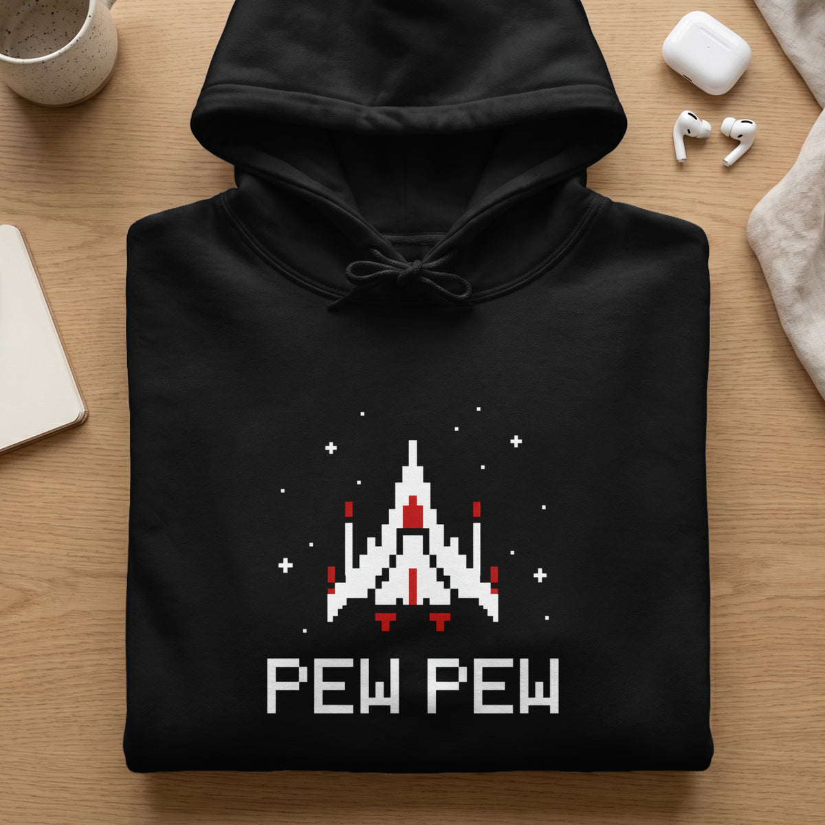Black hoodie with pixelated spaceship and "PEW PEW" text.