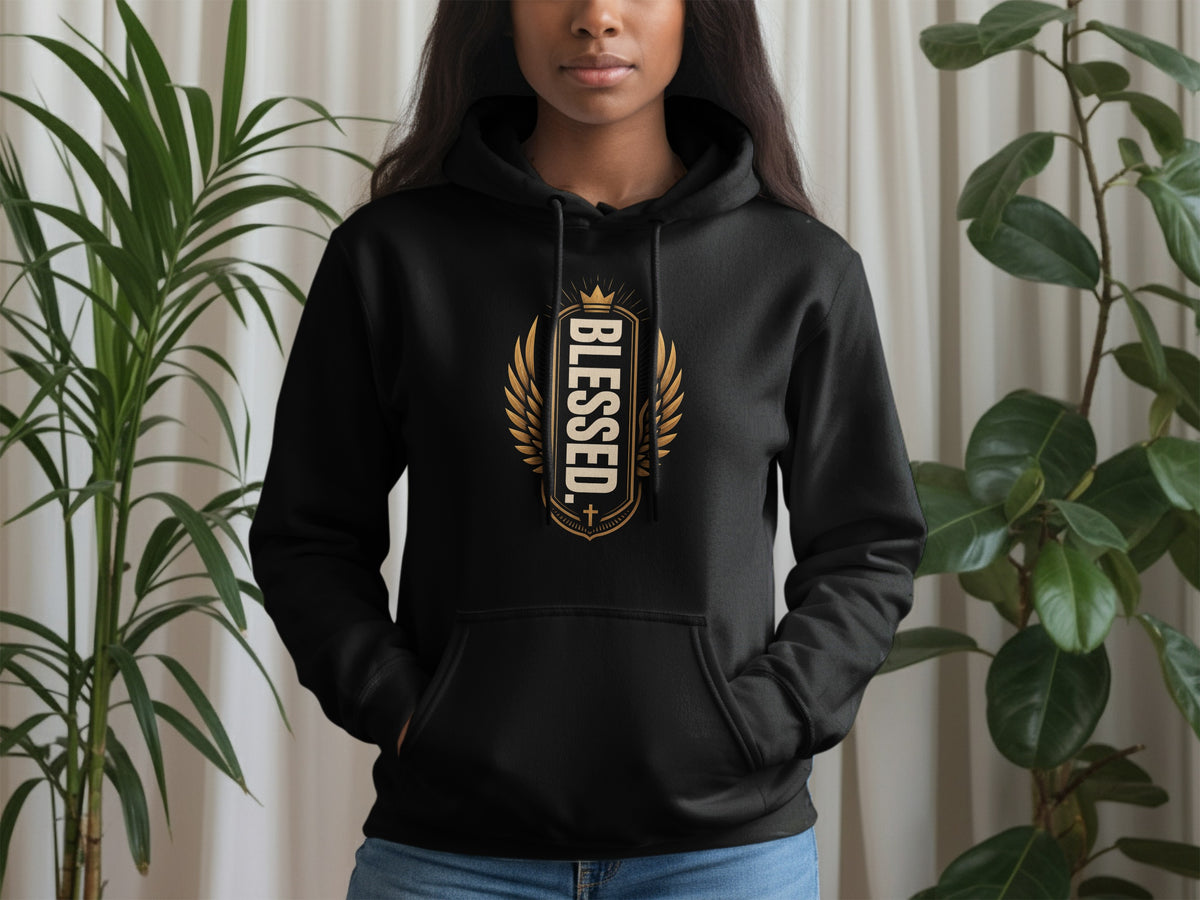 Black hoodie with gold "BLESSED" text and wings logo on the chest.