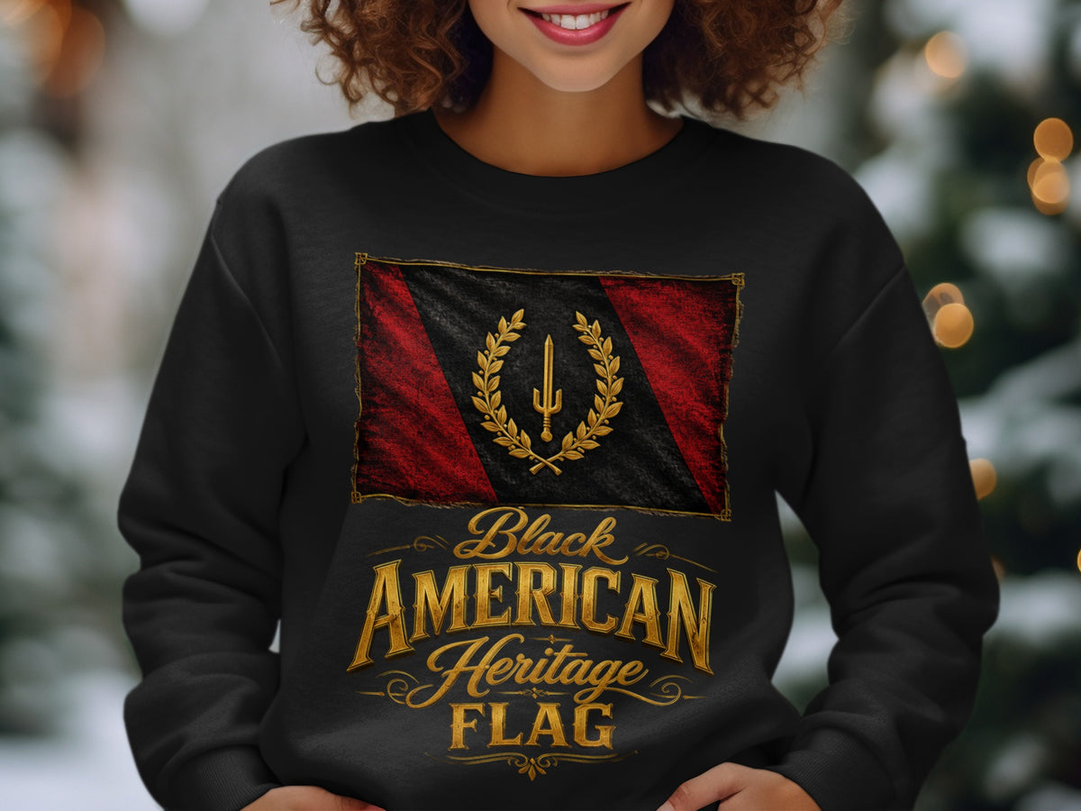 Black American Heritage Flag with red and black stripes and golden emblem.