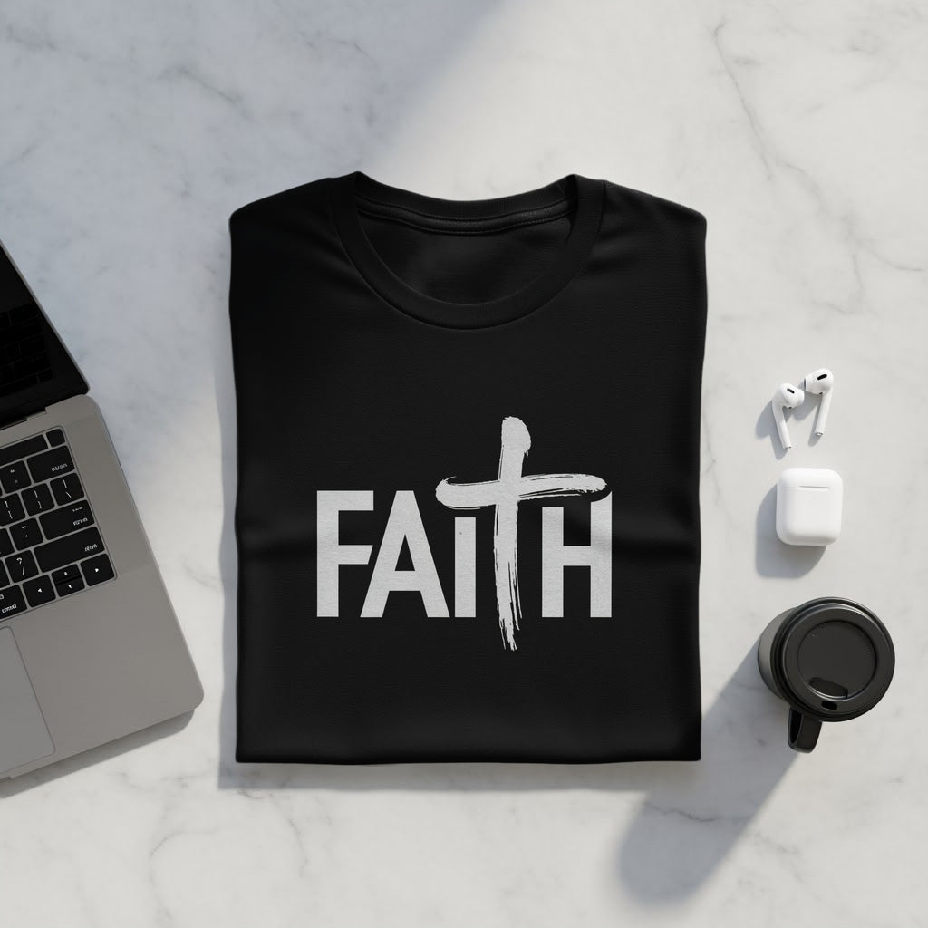 Black t-shirt with white "FAITH" text and a cross graphic.