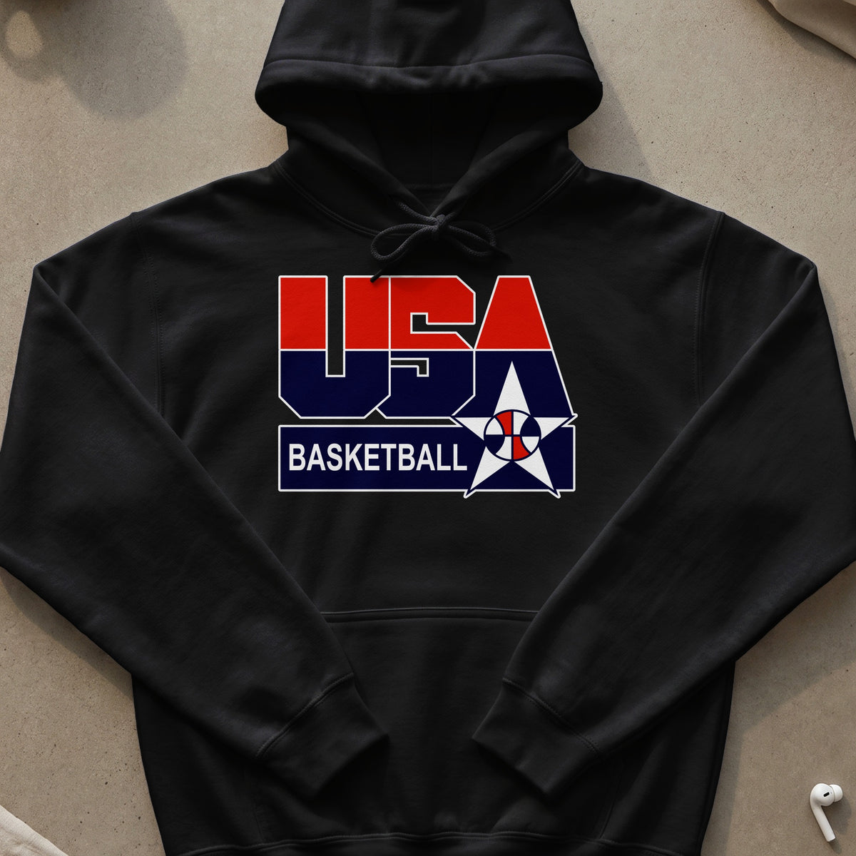 Black hoodie with USA Basketball logo featuring a star and basketball design.