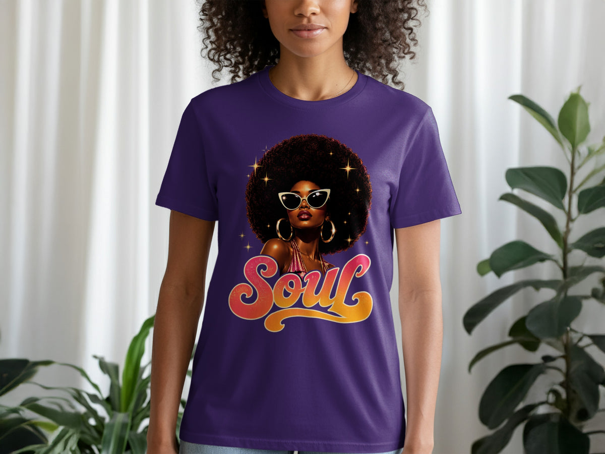 Purple t-shirt with graphic of woman with afro, sunglasses, and text "Soul".