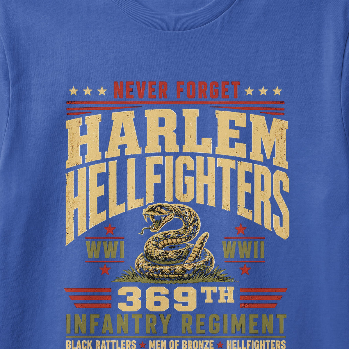 Harlem Hellfighters 369th Infantry Regiment with snake, WWI, WWII text.