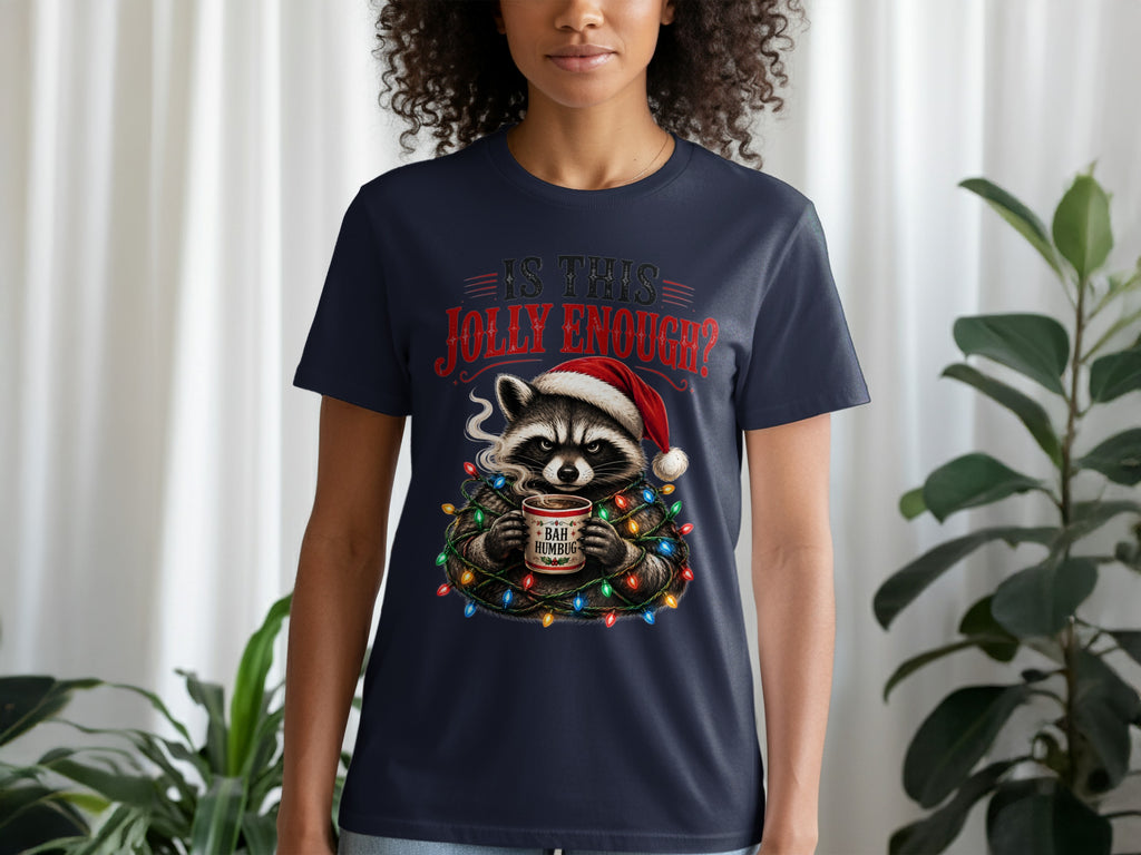 Raccoon in Santa hat with Christmas lights and "Bah Humbug" mug.
