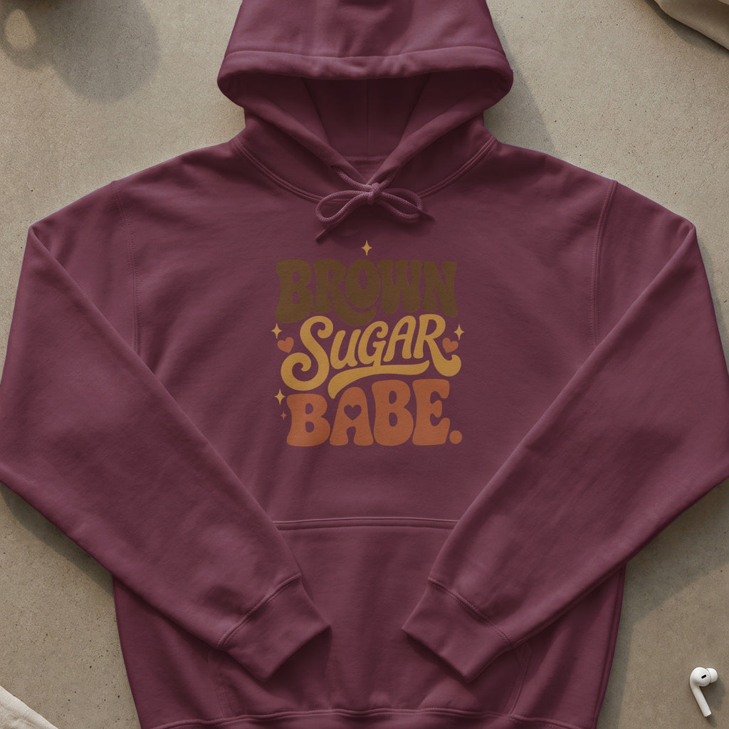 Maroon hoodie with "Brown Sugar Babe" graphic in retro font.