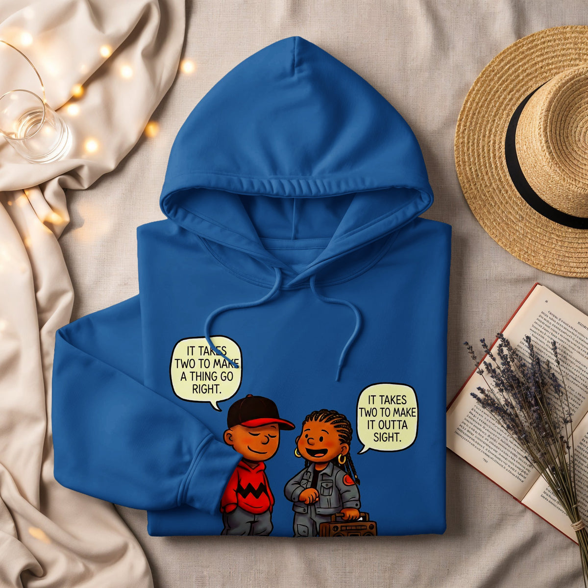 Blue hoodie with cartoon characters and text "IT TAKES TWO TO MAKE A THING GO RIGHT."