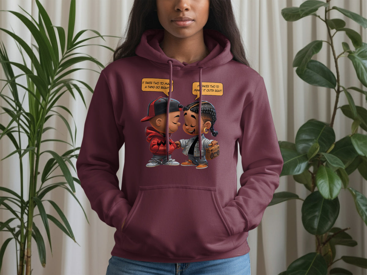 Maroon hoodie with cartoon of two people shaking hands and speech bubbles saying "It takes two to make a thing go right" and "It takes two to make it outta sight!".