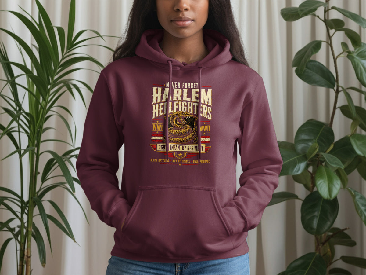 Burgundy hoodie with "Harlem Hellfighters" and snake emblem.