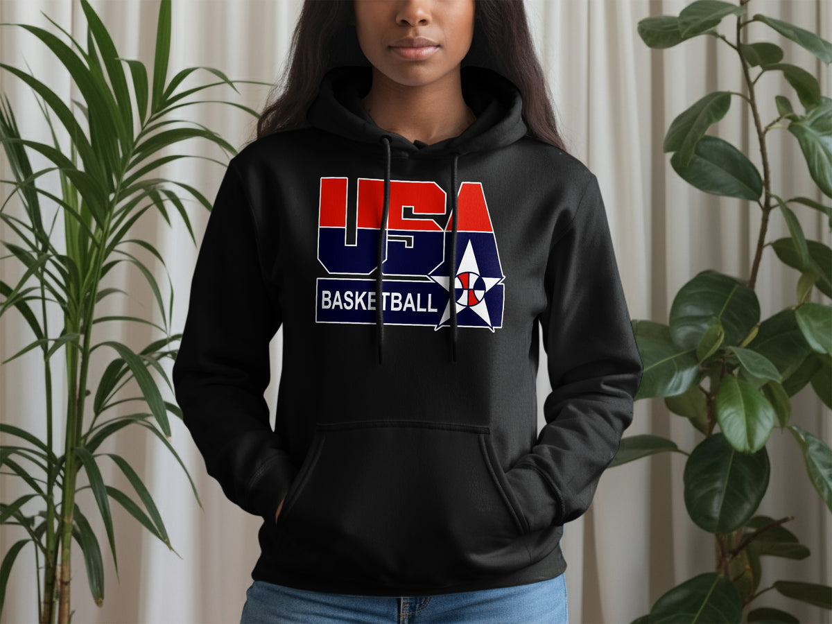 Black hoodie with USA Basketball logo featuring a basketball star.