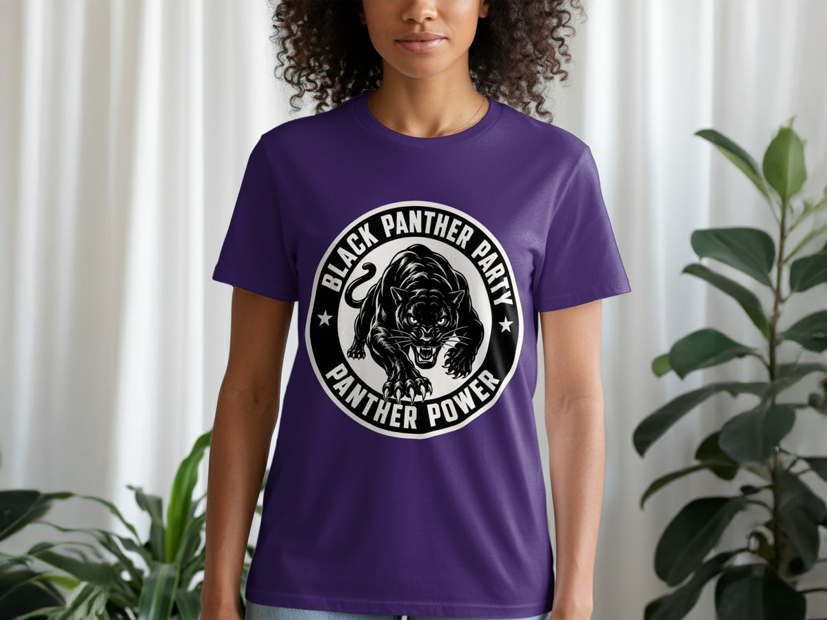 Purple t-shirt with Black Panther Party Panther Power circular graphic.