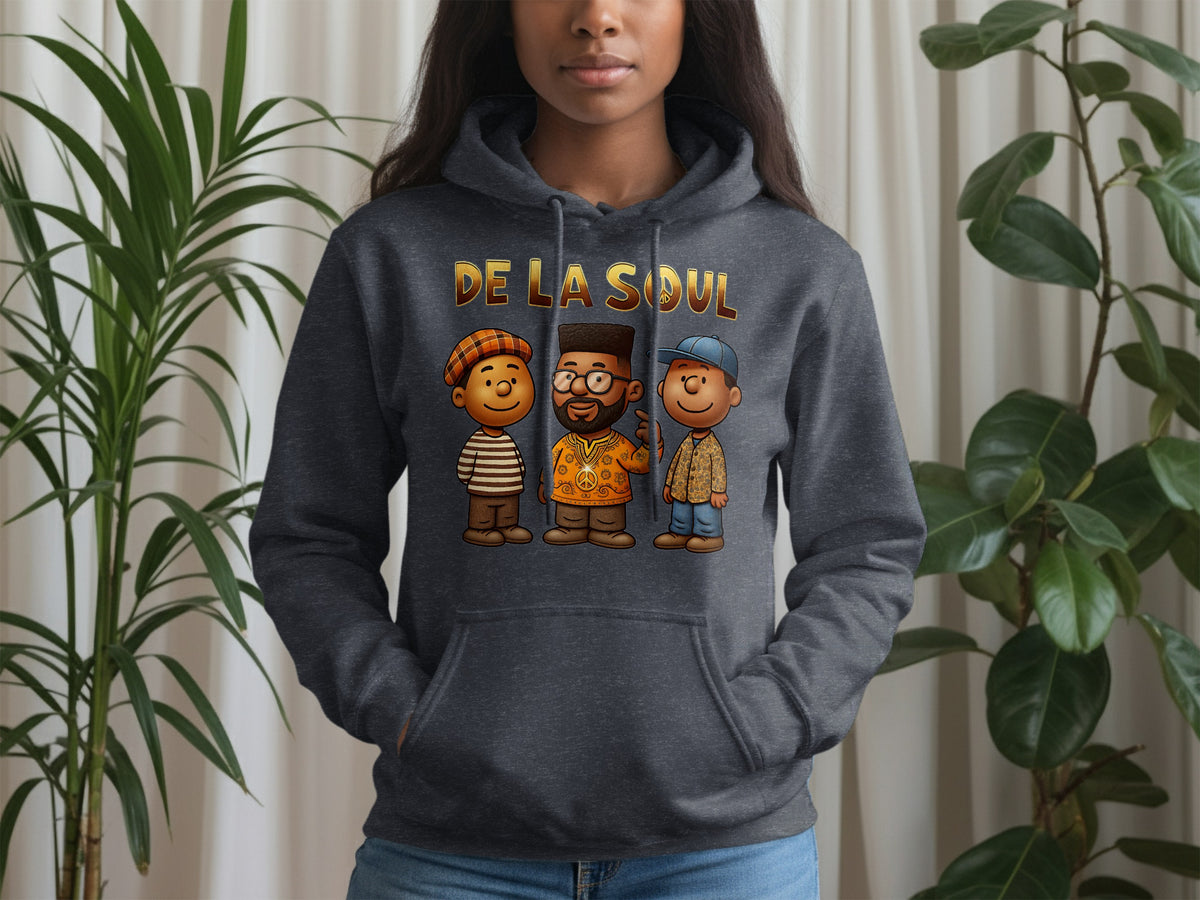Dark grey hoodie with cartoon characters and "De La Soul" text.