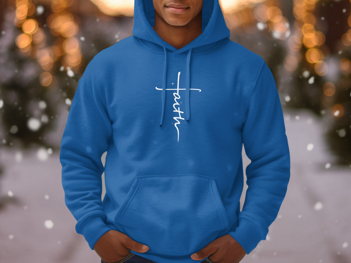 Blue hoodie with white cross and "Faith" text, with bokeh background.
