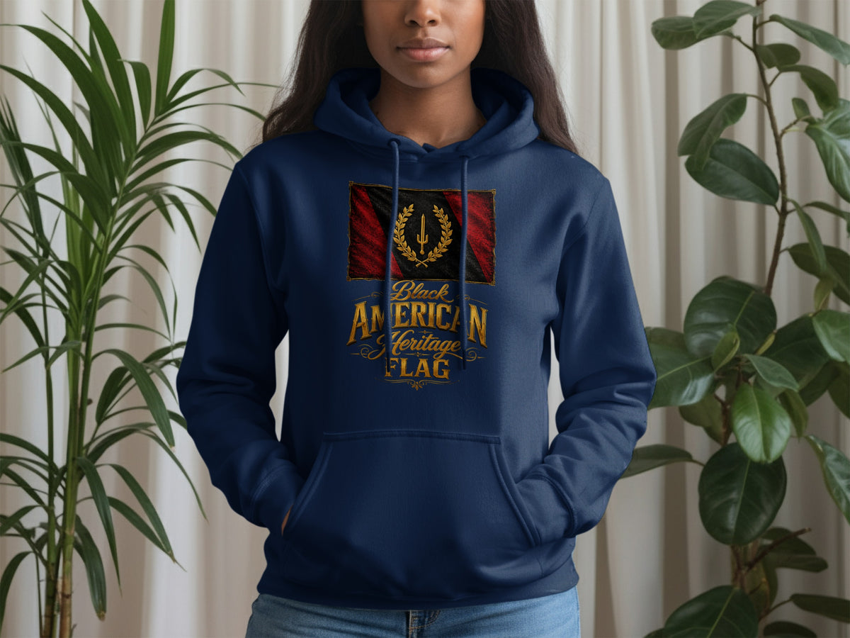 Navy hoodie with Black American Heritage Flag design on the chest.