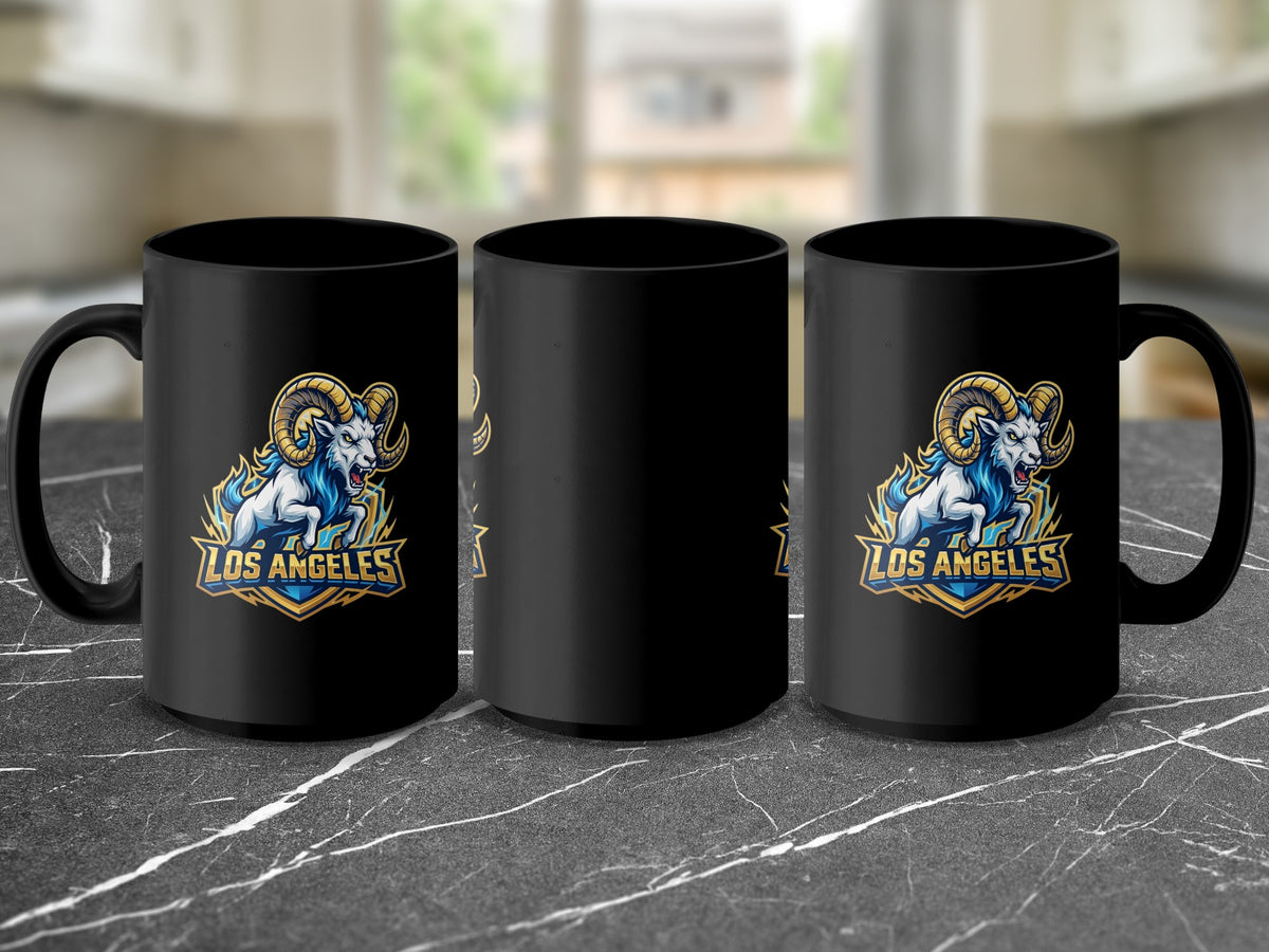 Black mug with a charging ram logo and "Los Angeles" text.
