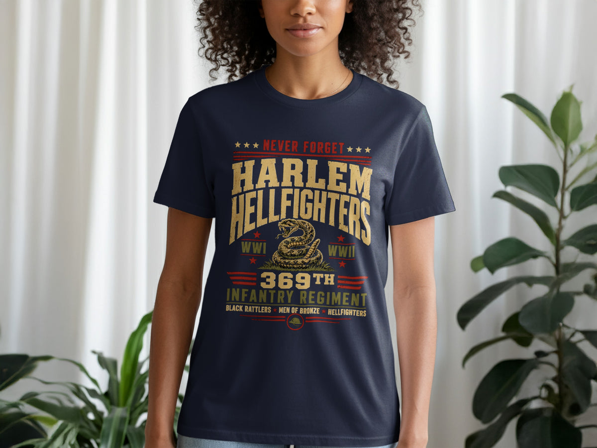 Dark t-shirt with Harlem Hellfighters 369th Infantry Regiment WWI WWII design.