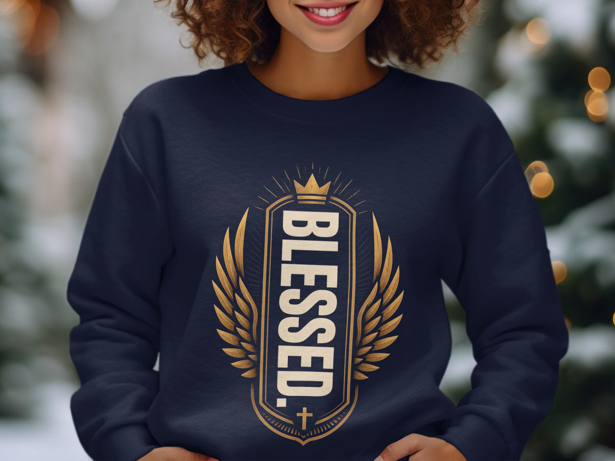 Navy sweatshirt with gold "BLESSED." text and wing graphic.