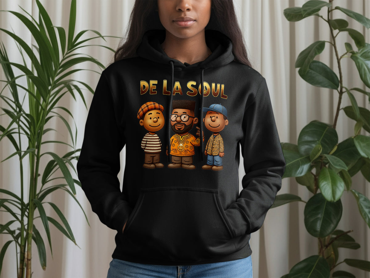 Black hoodie with "De La Soul" text and three cartoon characters.