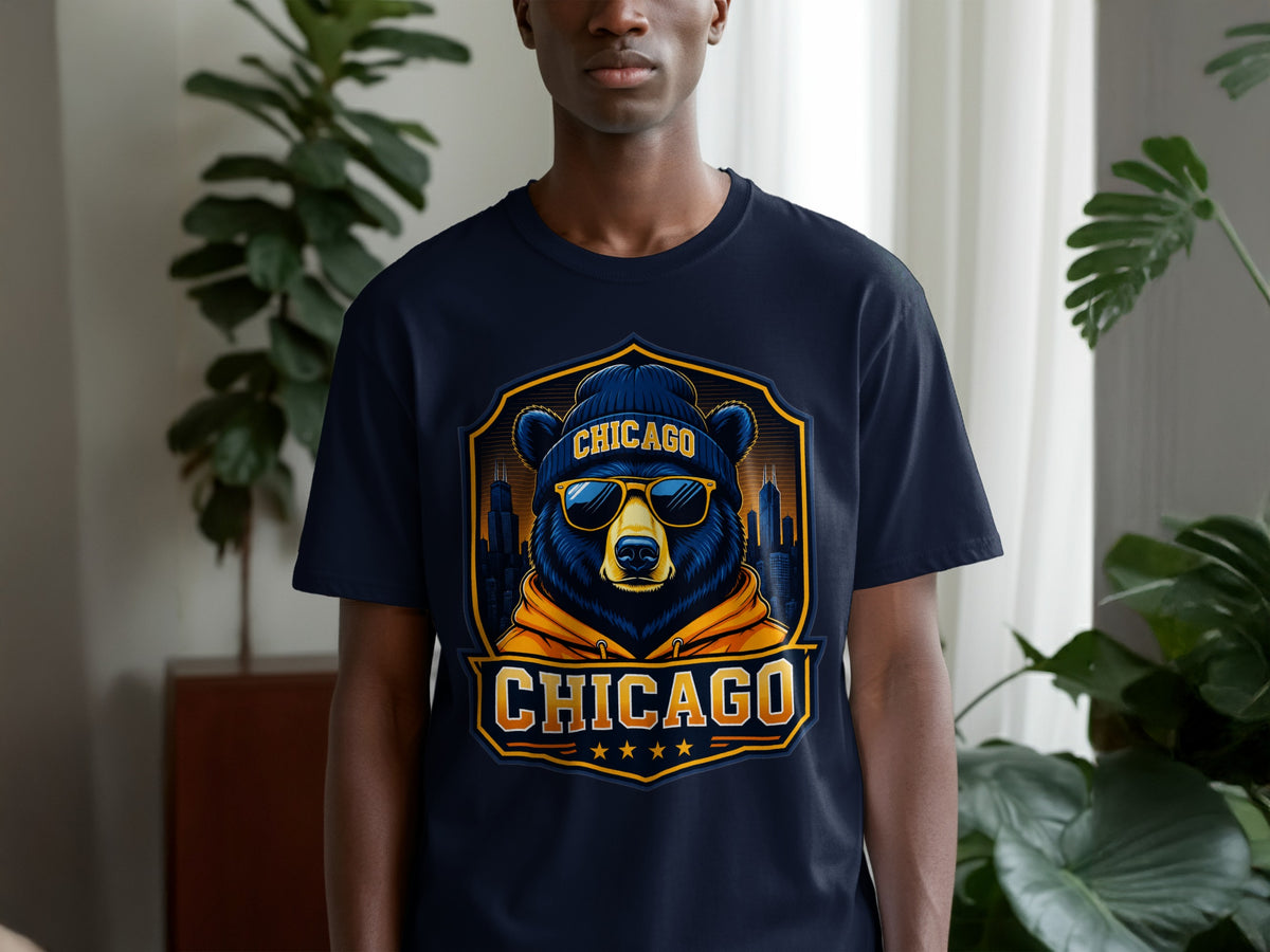 Dark blue t-shirt with Chicago bear graphic wearing a beanie and sunglasses.