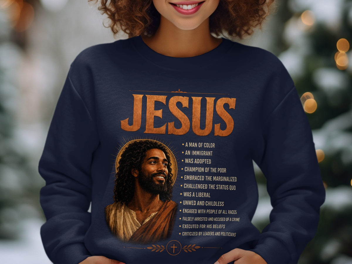 Navy sweatshirt with "JESUS" and a portrait with accompanying biographical points.