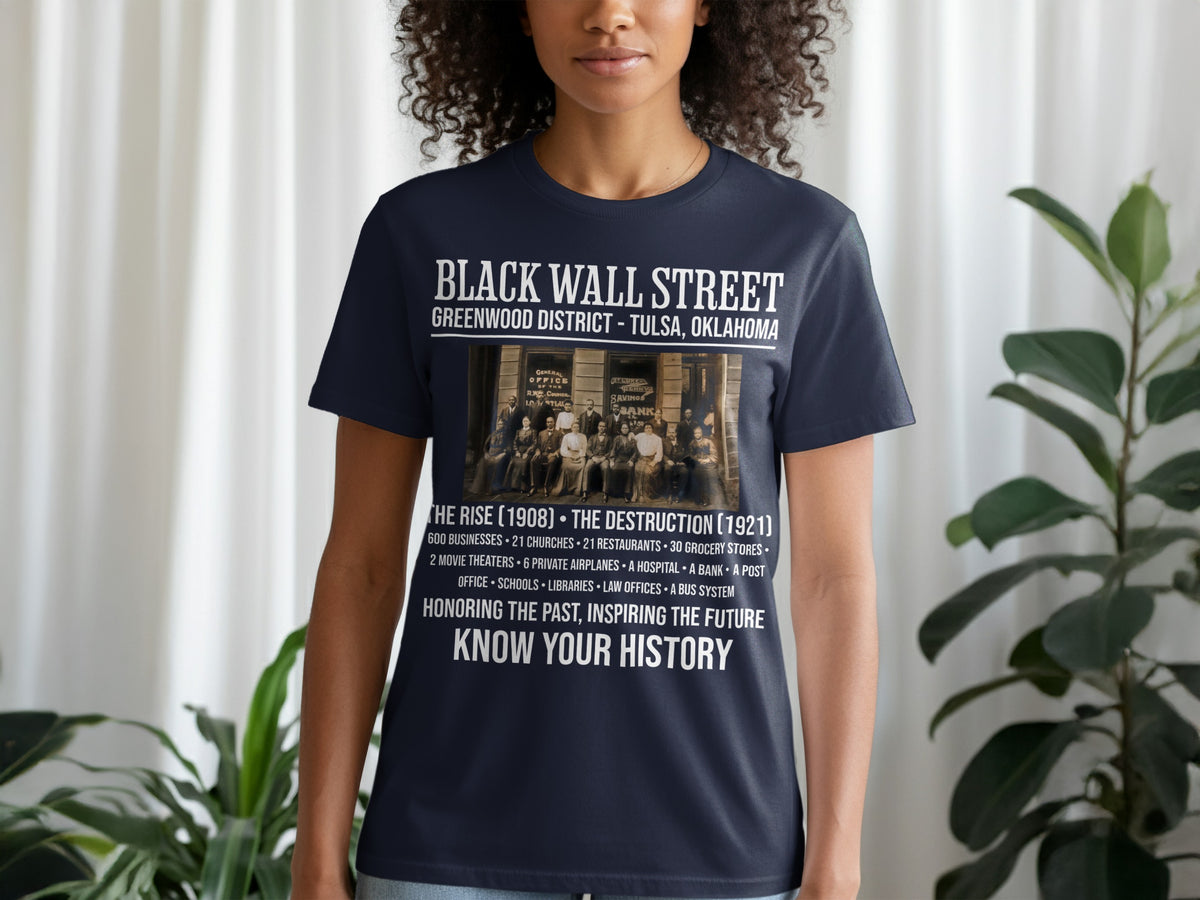 Black Wall Street shirt with historic Tulsa Greenwood District imagery and text.