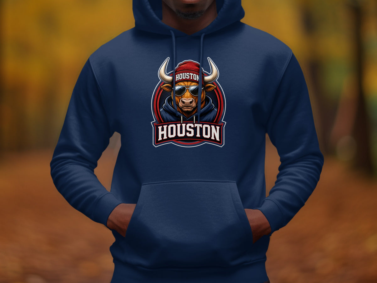 Navy hoodie with a bull graphic featuring sunglasses and the text "Houston."