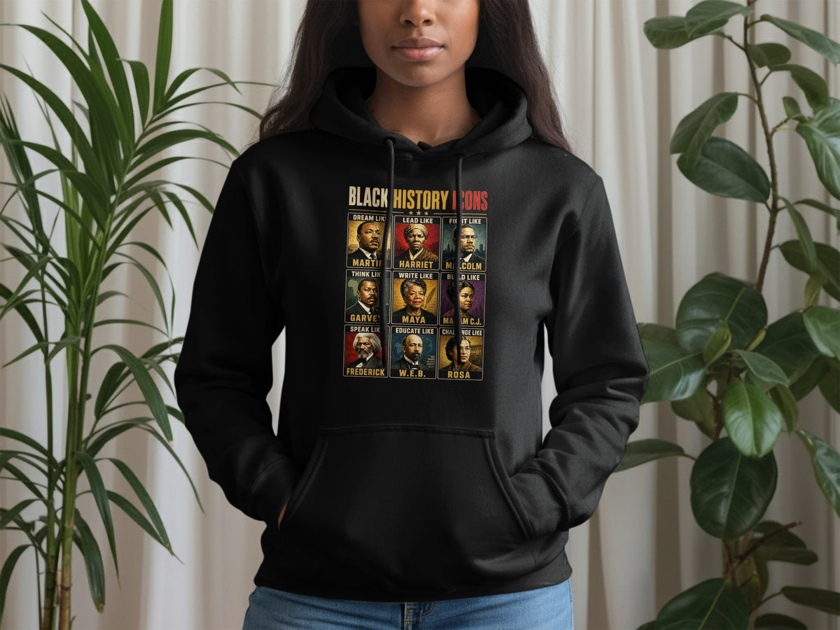 Black History Icons montage on a black hoodie featuring Martin, Harriet, Malcolm, Garvey, Maya, C.J., Frederick, W.E.B., Rosa.