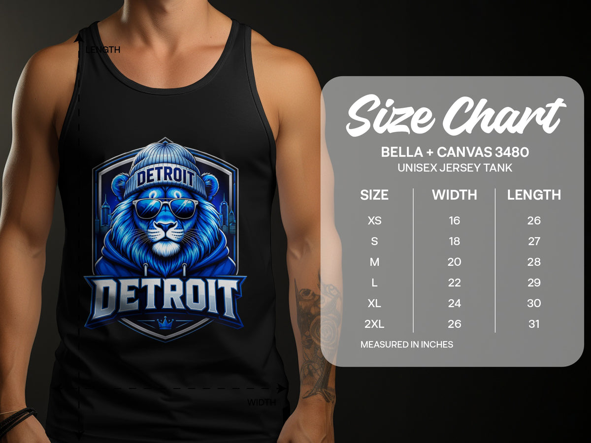 Black tank top featuring blue Detroit lion graphic and size chart.