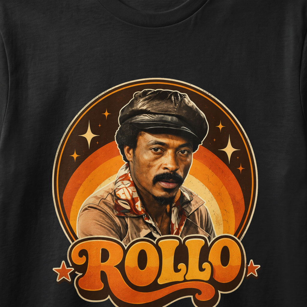 Man wearing cap and retro shirt with text "ROLLO" in bold font.