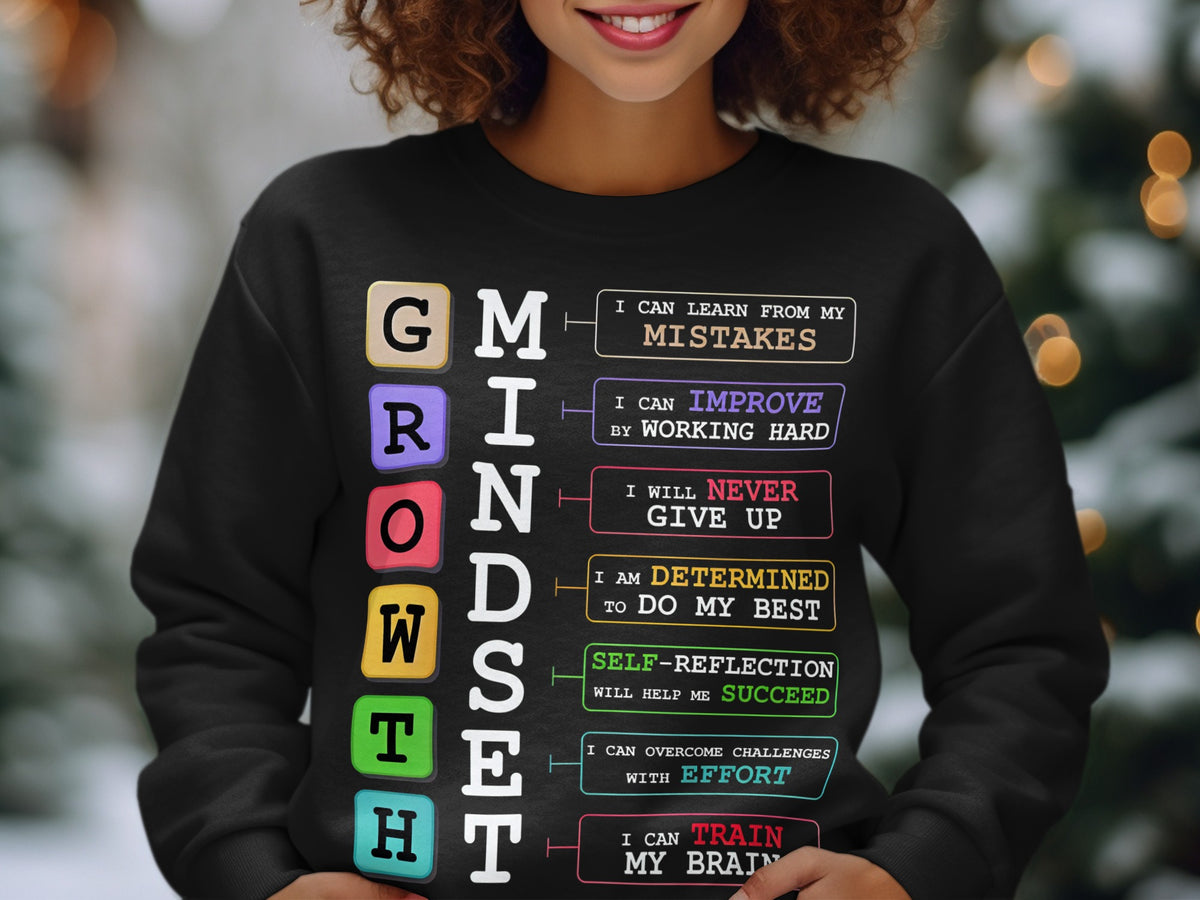 Black sweatshirt with "GROWTH MINDSET" and motivational phrases.