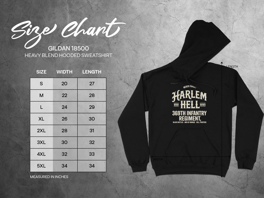 Gildan 18500 sweatshirt size chart with measurements in inches.