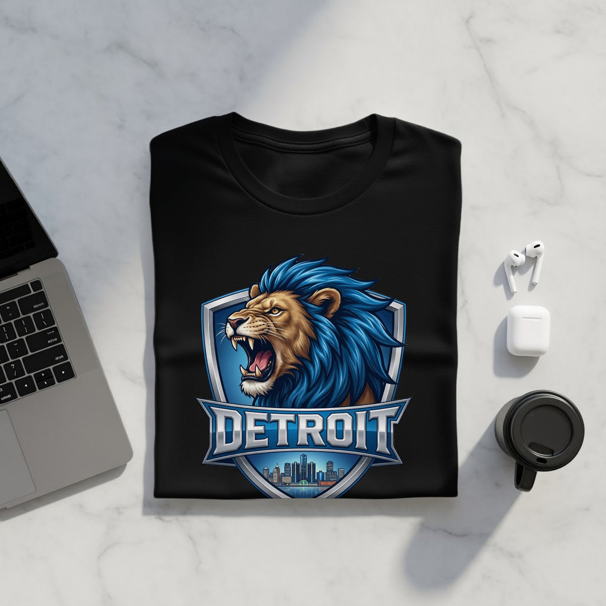 Black t-shirt with a blue and gold roaring lion crest and "DETROIT" text.