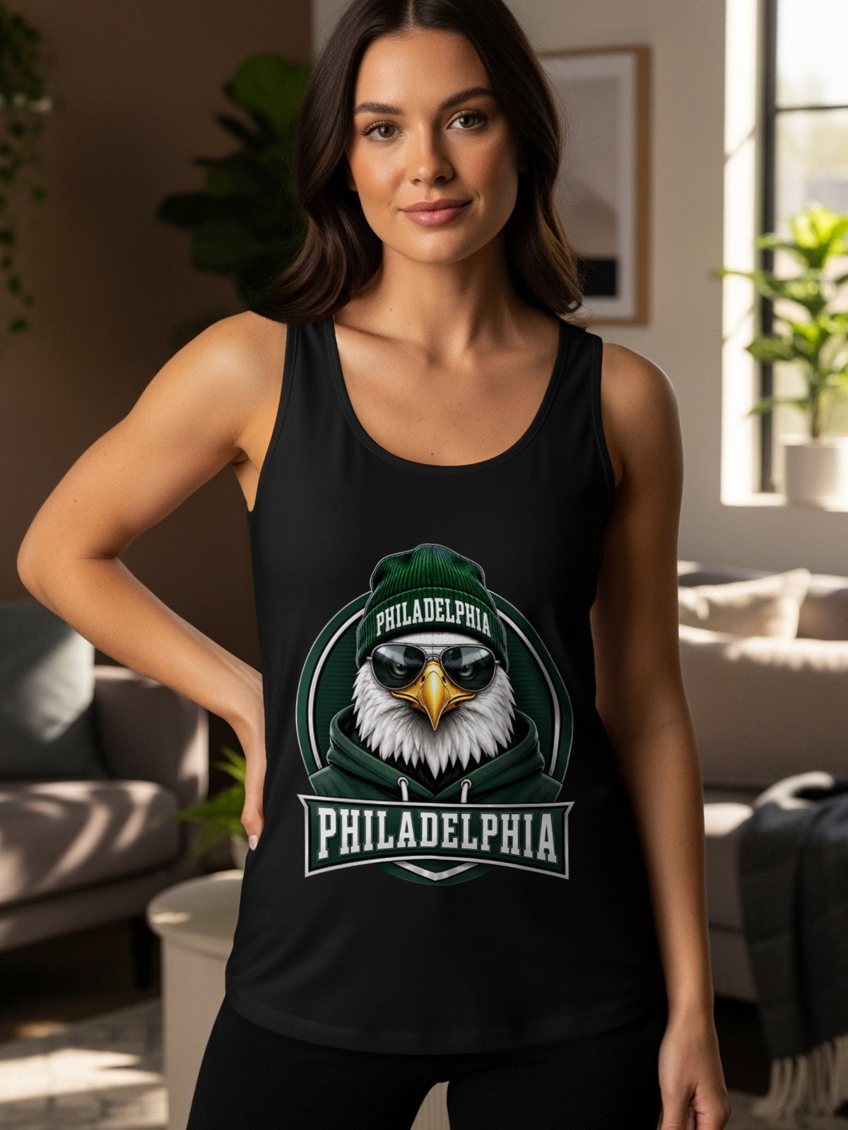 Black tank top with a graphic of a cool eagle wearing sunglasses and a beanie with "Philadelphia" text.
