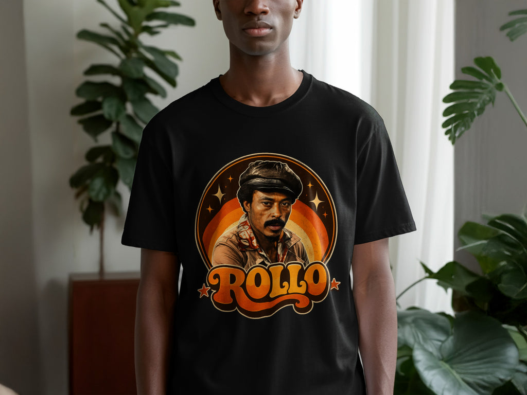 Black t-shirt featuring "ROLLO" text and a vintage portrait within a circular graphic.