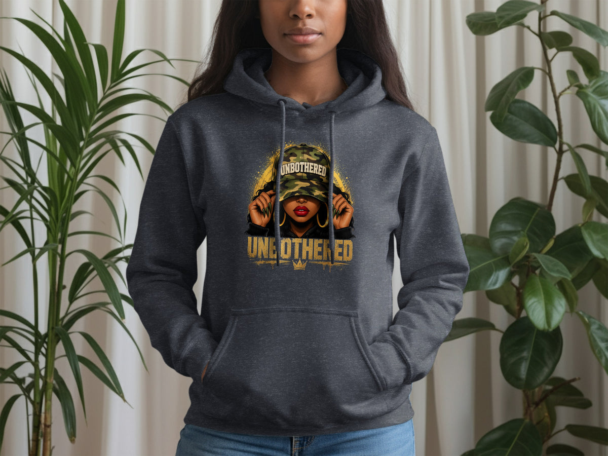 Dark grey hoodie with a graphic featuring a woman wearing a camouflage hat with "UNBOTHERED" text.