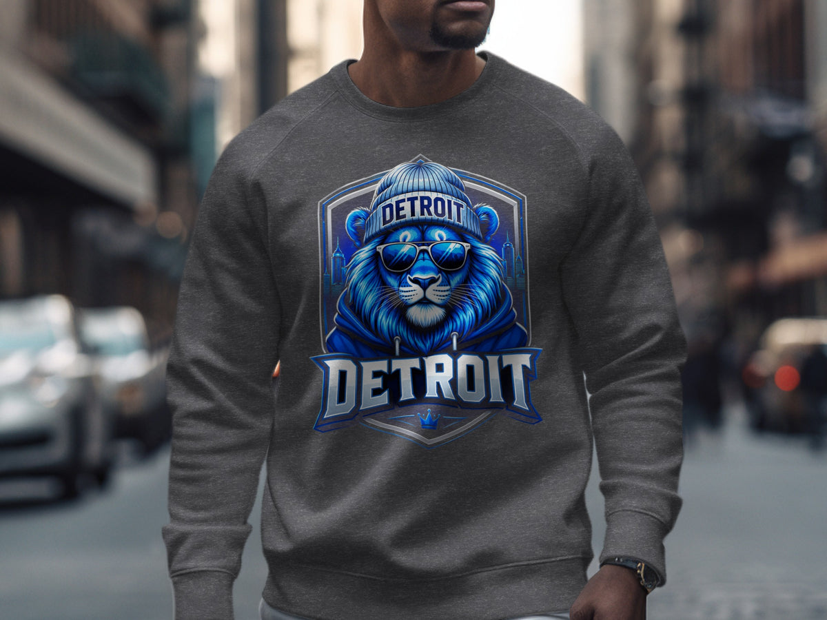 Graphic sweatshirt with a blue lion wearing a beanie and sunglasses with "DETROIT" text.